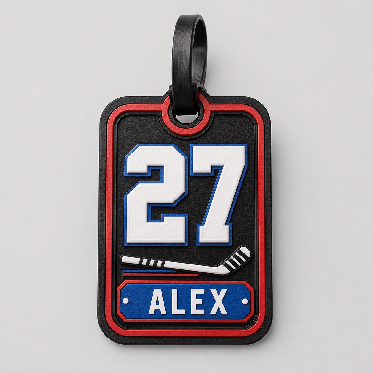 Custom 3D printed hockey bag tag.