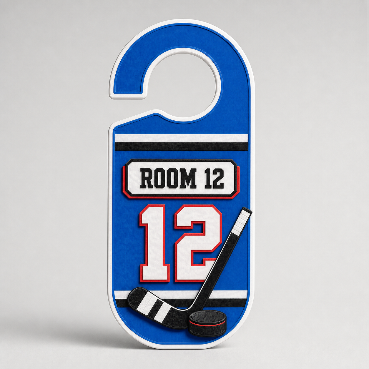 Custom 3D printed team door hanger.