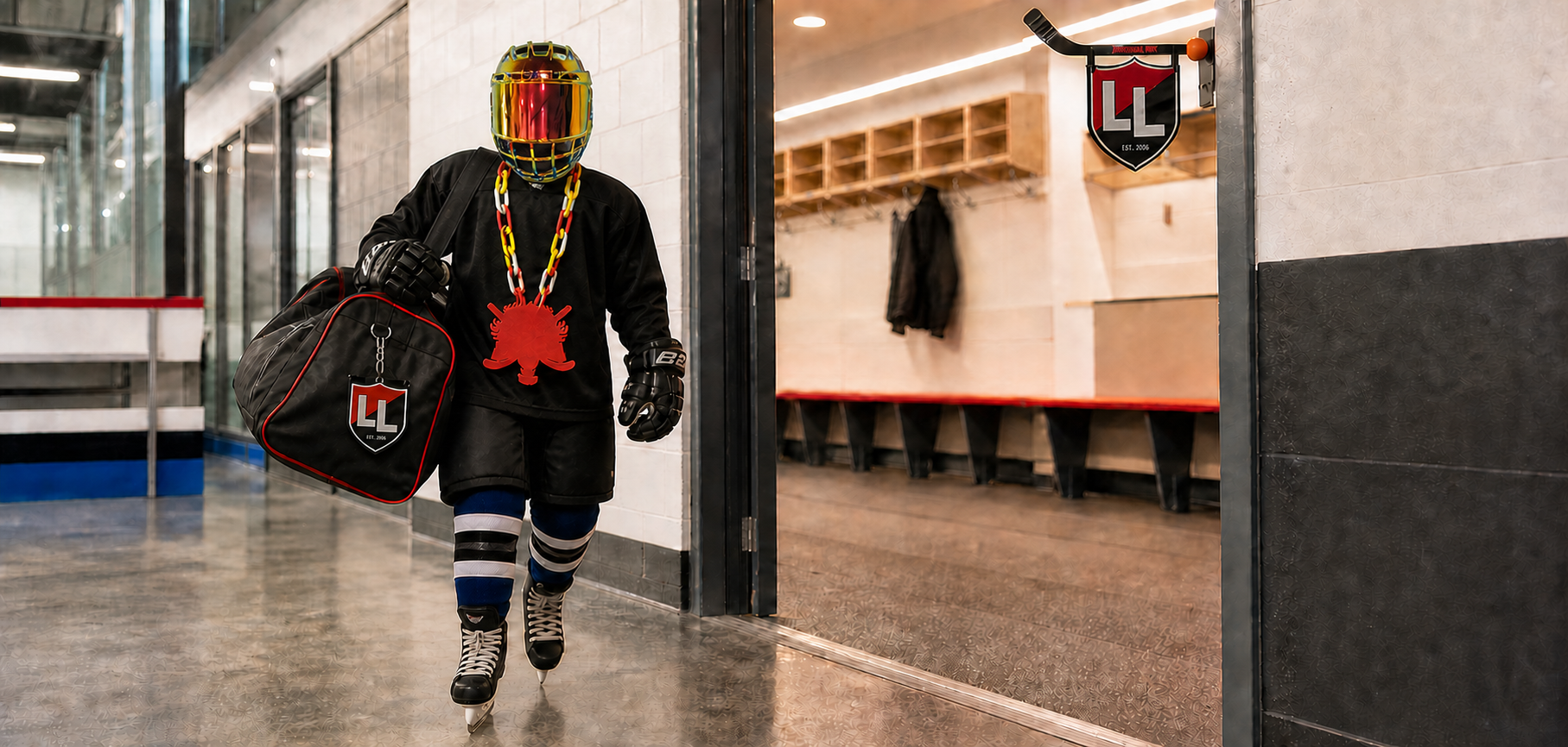 A helmeted hockey player with a mirrored visor walking out of a dressing room wearing a custom Big Chain award with Love & Layers team items on the bag and door frame.